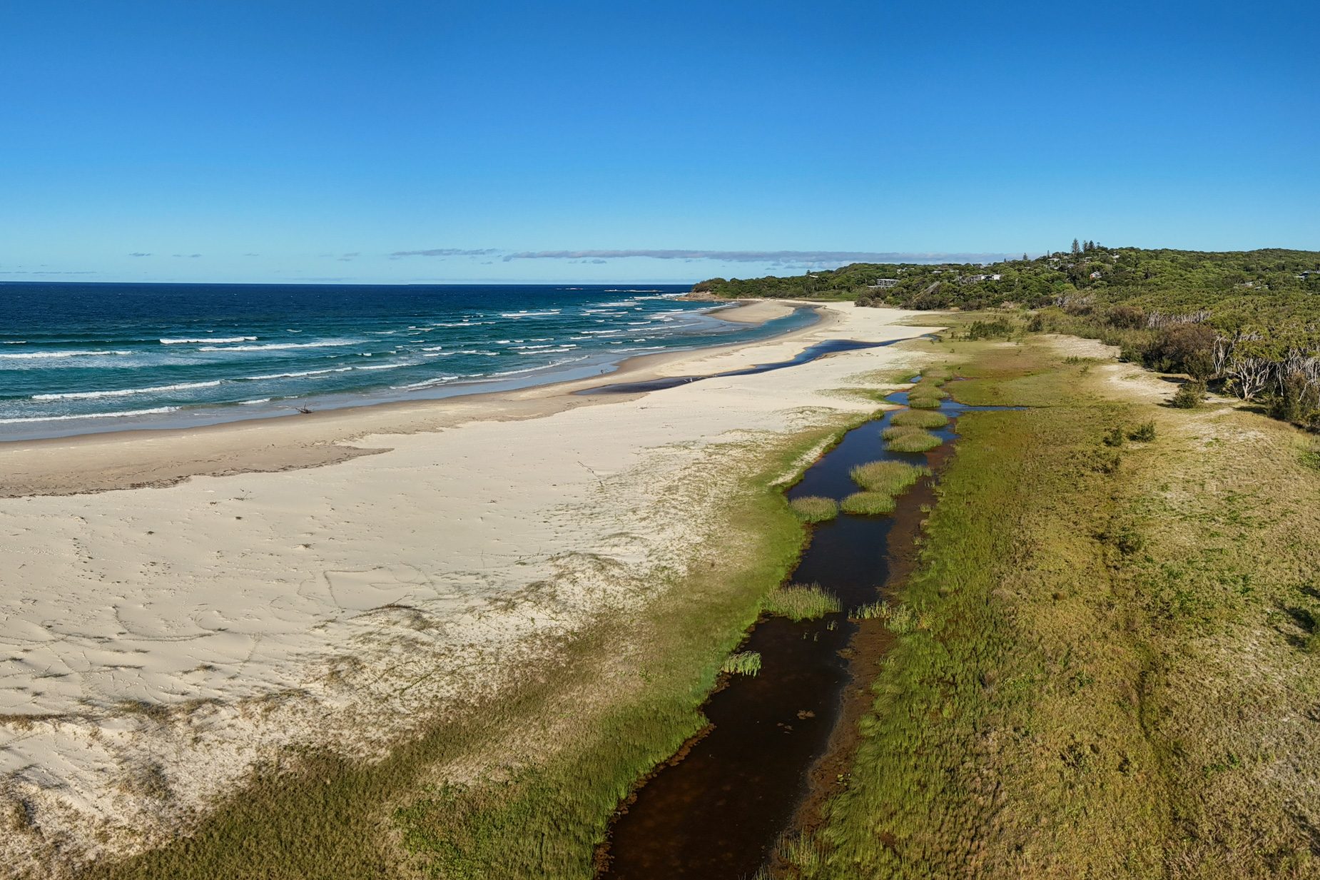 Cylinder Beach on North Stradbroke Island from the air, with a creek winding behind the dunes and coastal bushland beside it